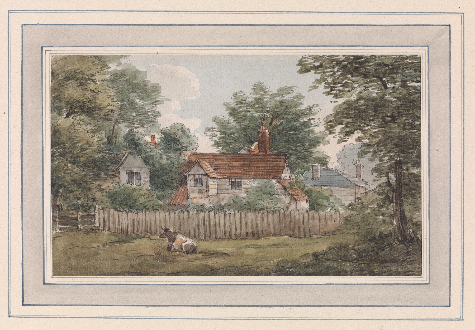 House in Hyde Park by George Arnald, oil painting depicting a tranquil dwelling surrounded by greenery.
