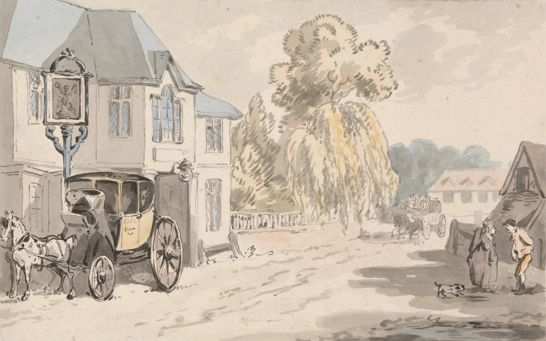 Riders Outside an Inn, oil on canvas by Samuel Howitt, depicting riders near an inn.