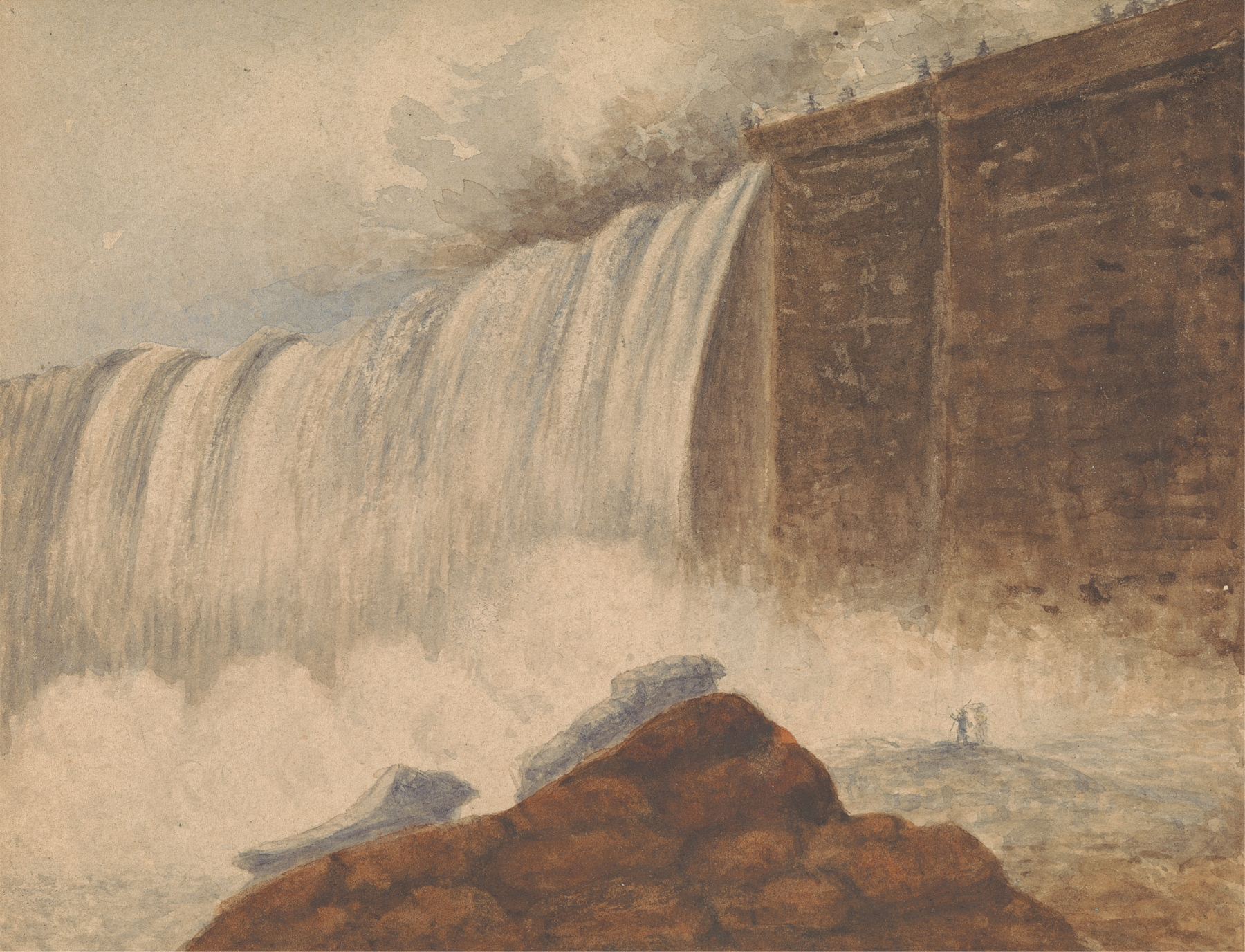 View of Niagara Falls with two figures on rock, oil painting by Isaac Weld
