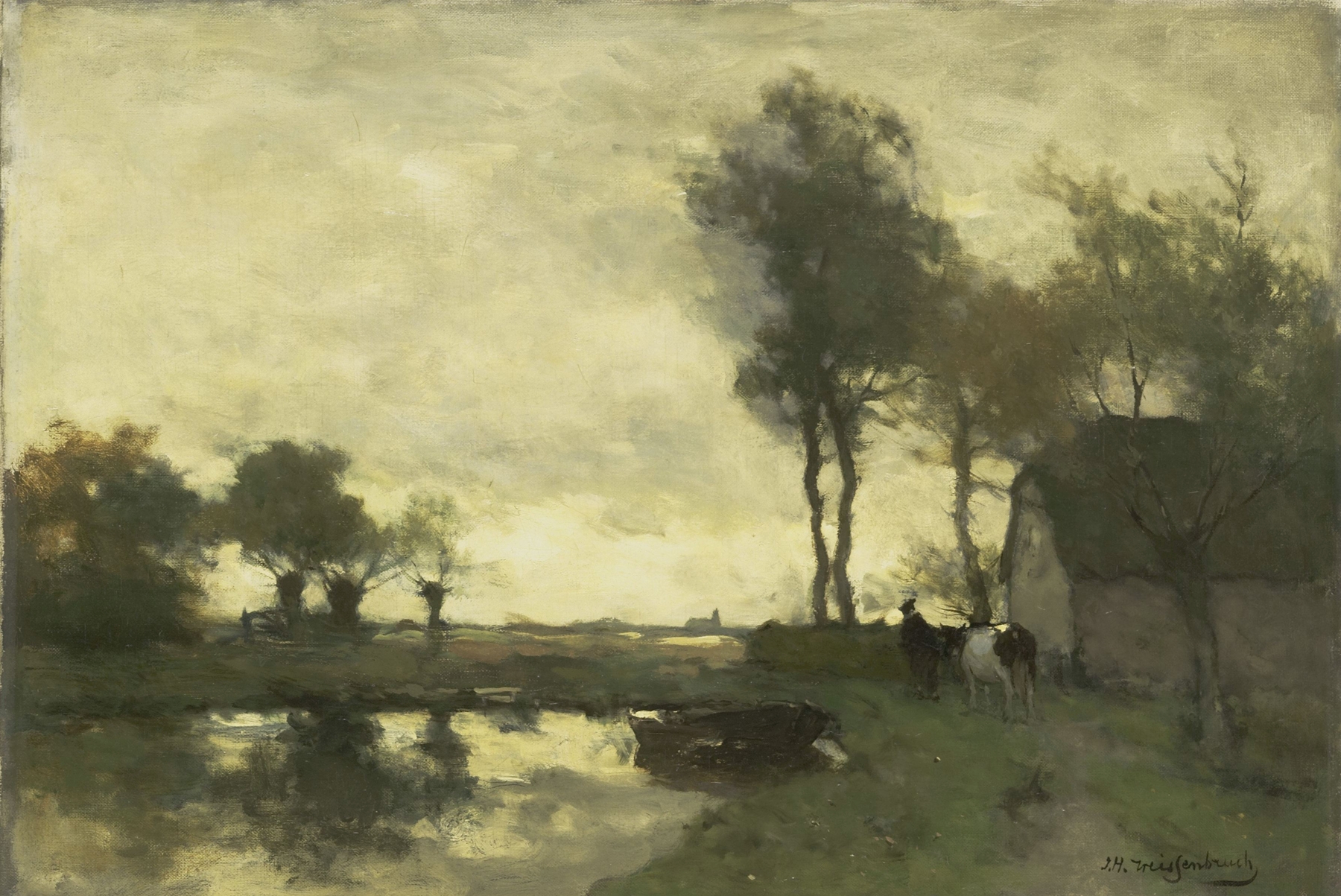 Landschap met boerderij bij een plas, oil on canvas by Johan Hendrik Weissenbruch