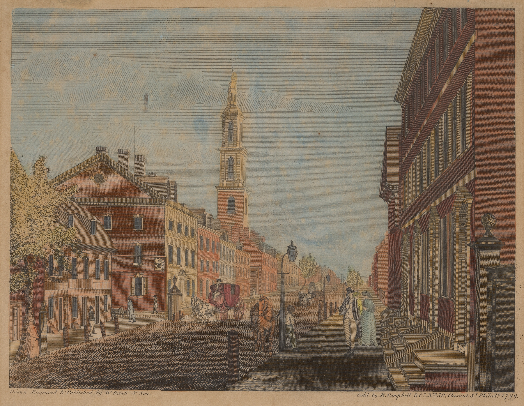 Arch Street, with the Second Presbyterian Church. Philadelphia., by William Russell Birch, public domain