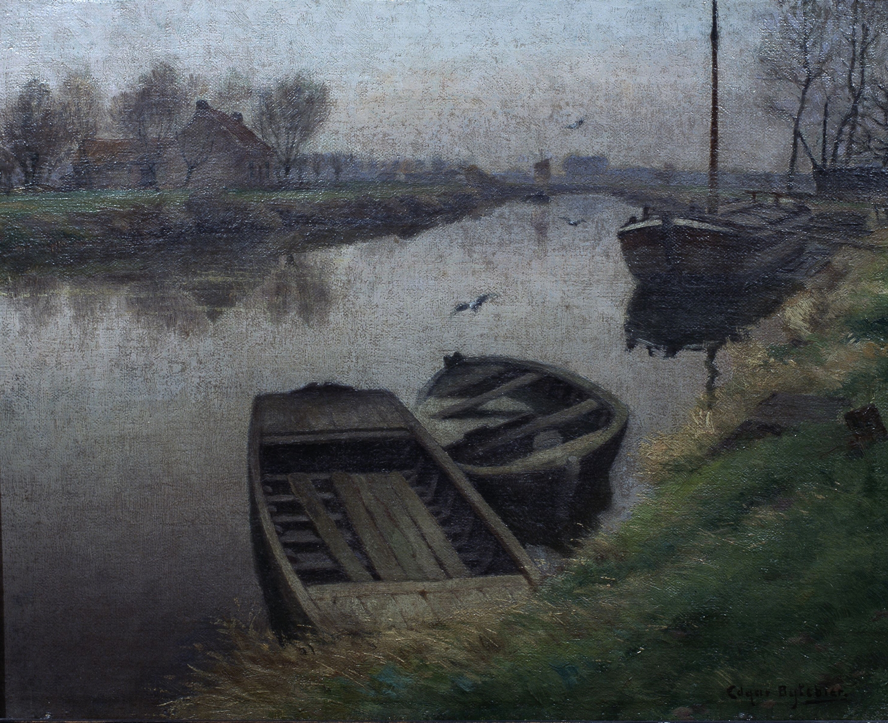The River Scheldt at Merelbeke by Edgar Bytebier, impressionism, depicting a tranquil river landscape.