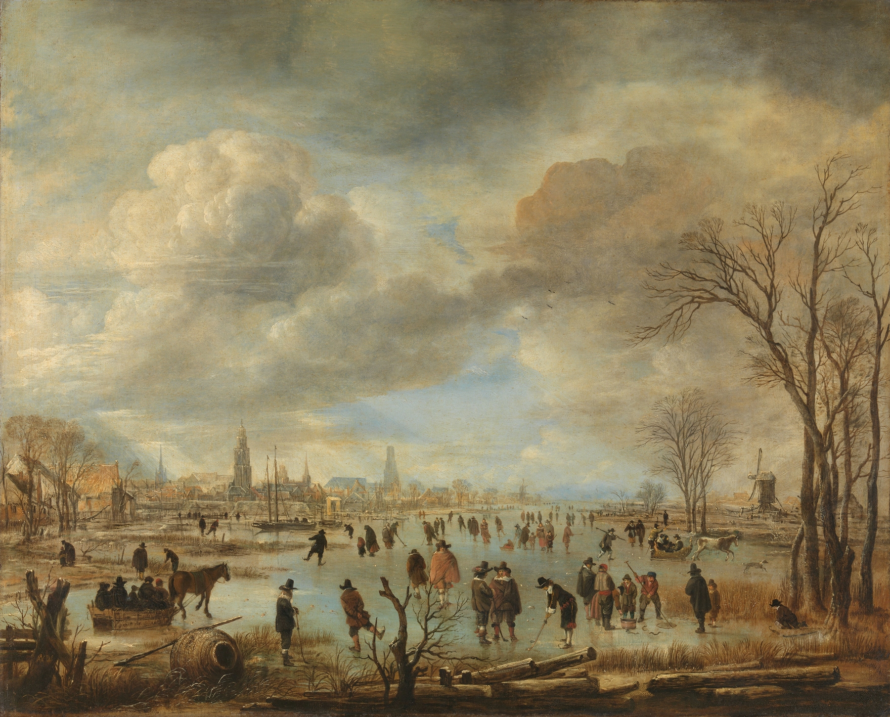 Winter Landscape near a Town with Kolf Players and Horse-Drawn Sleighs, by Aert van der Neer, public domain