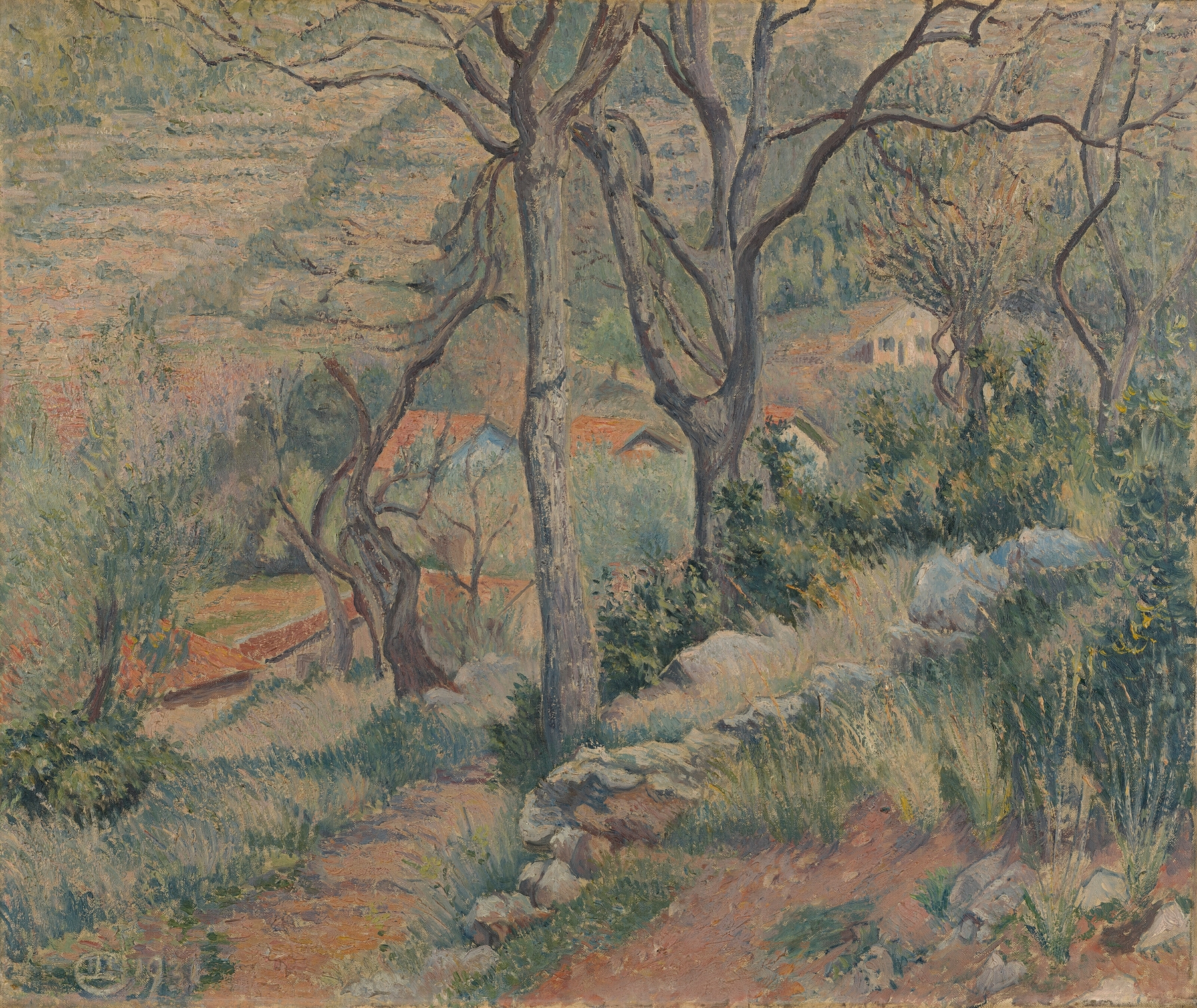 End of the Village by Lucien Pissarro, oil painting depicting a tranquil village landscape.