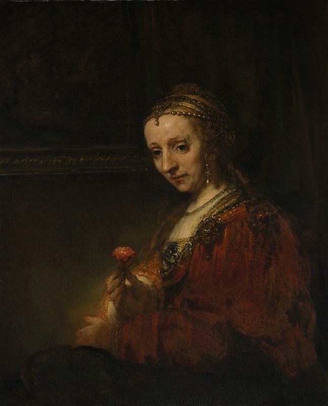 A portrait of a woman holding a pink flower by Rembrandt.