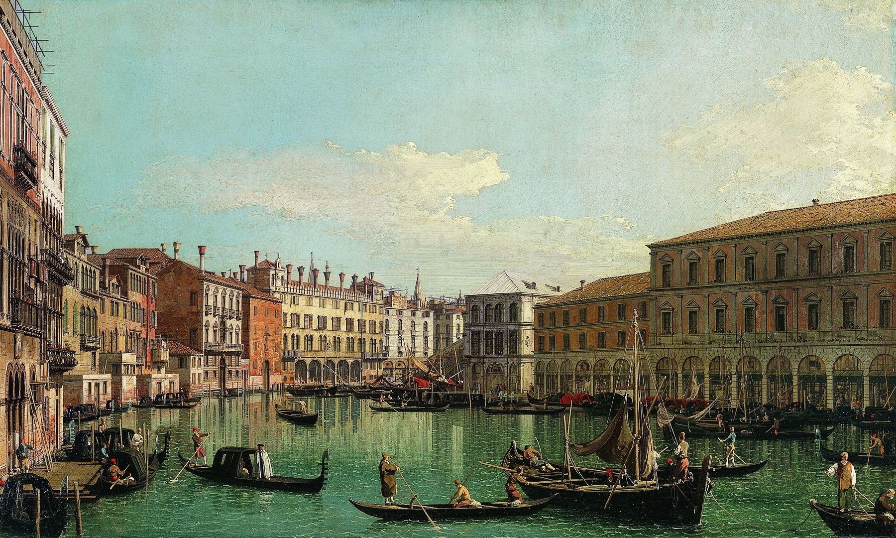 The Grand Canal, Venice by Canaletto, oil painting depicting boats and architecture on water.