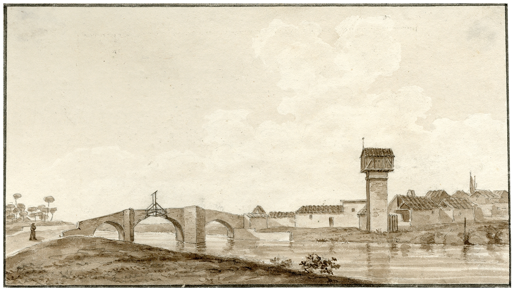 Oil on canvas by Otto Howen depicting a bridge over a river