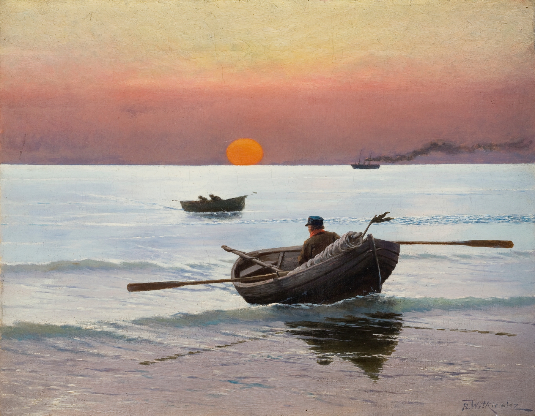 Sunset on the Sea by Stanisław Witkiewicz, oil on canvas showing vibrant sunset colors over the sea.