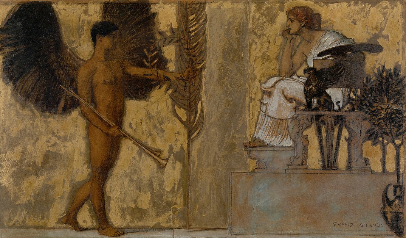 Franz von Stuck's 'Homage to Painting' showcases a striking allegorical representation of art.