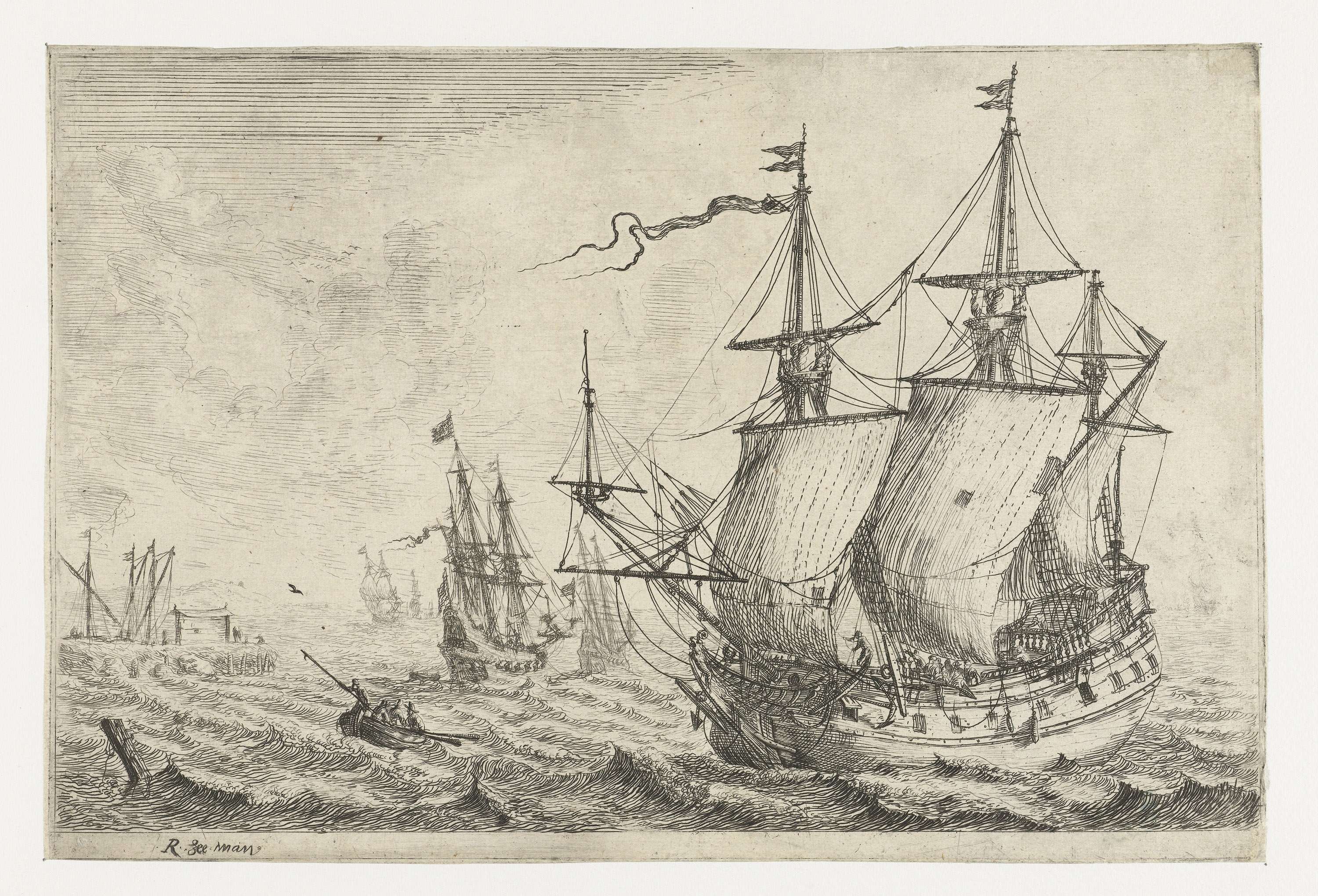 Zeegezicht met verschillende schepen bij een werf, by Reinier Nooms, public domain