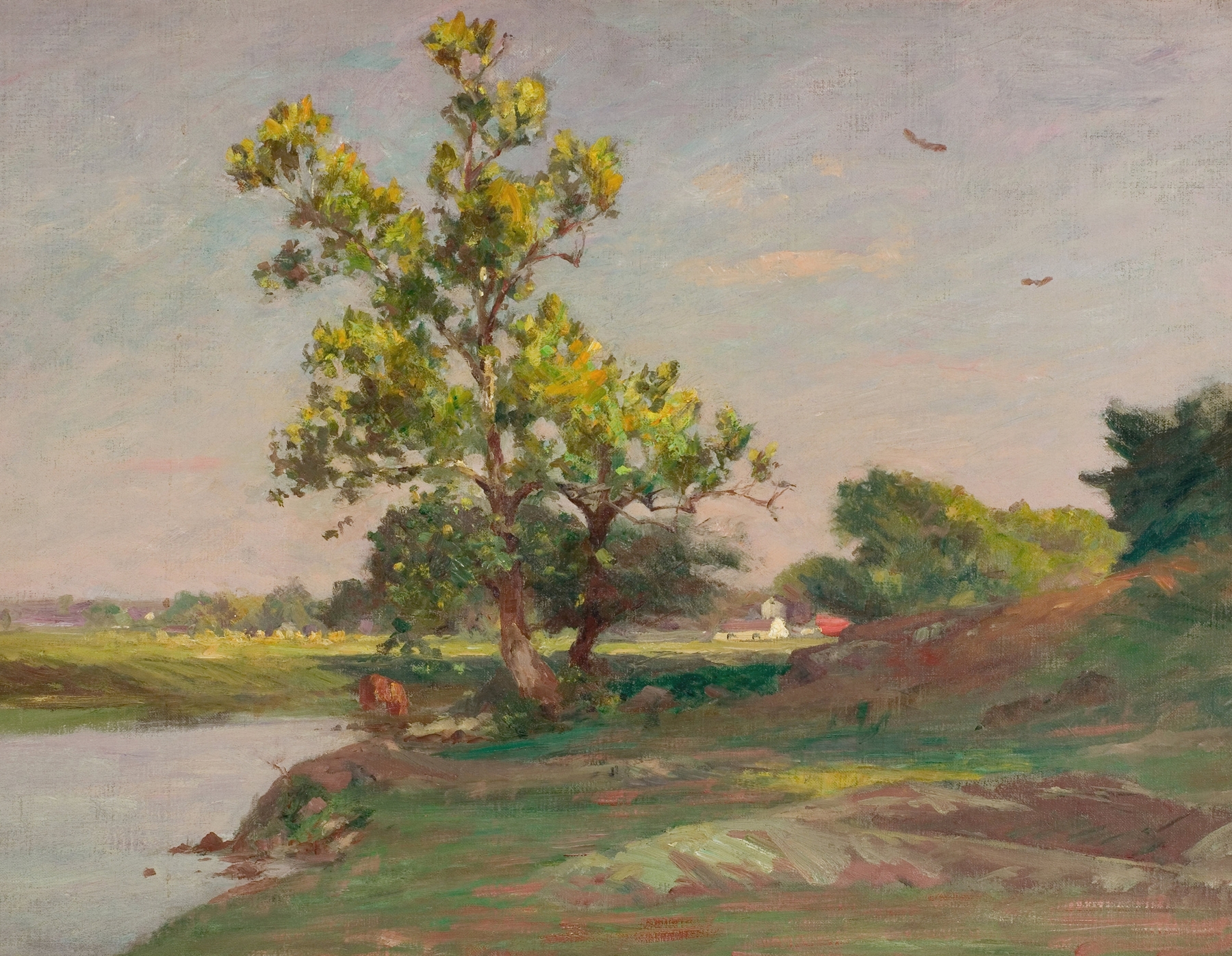Landscape with River by Walter A. Clark, impressionism, depicting a serene river and lush greenery.
