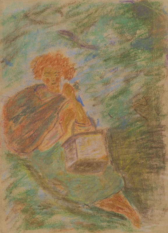 A woman rests with a basket in a serene setting.