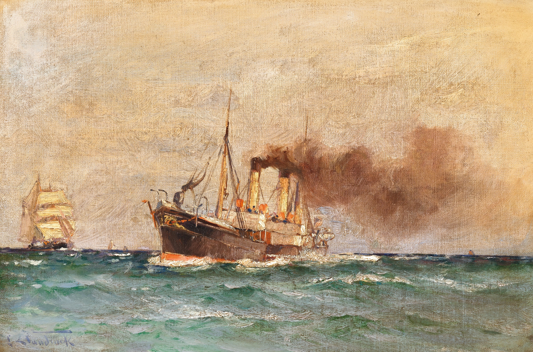 Oil painting by Leonhard Sandrock depicting a ship on a cerulean sea.