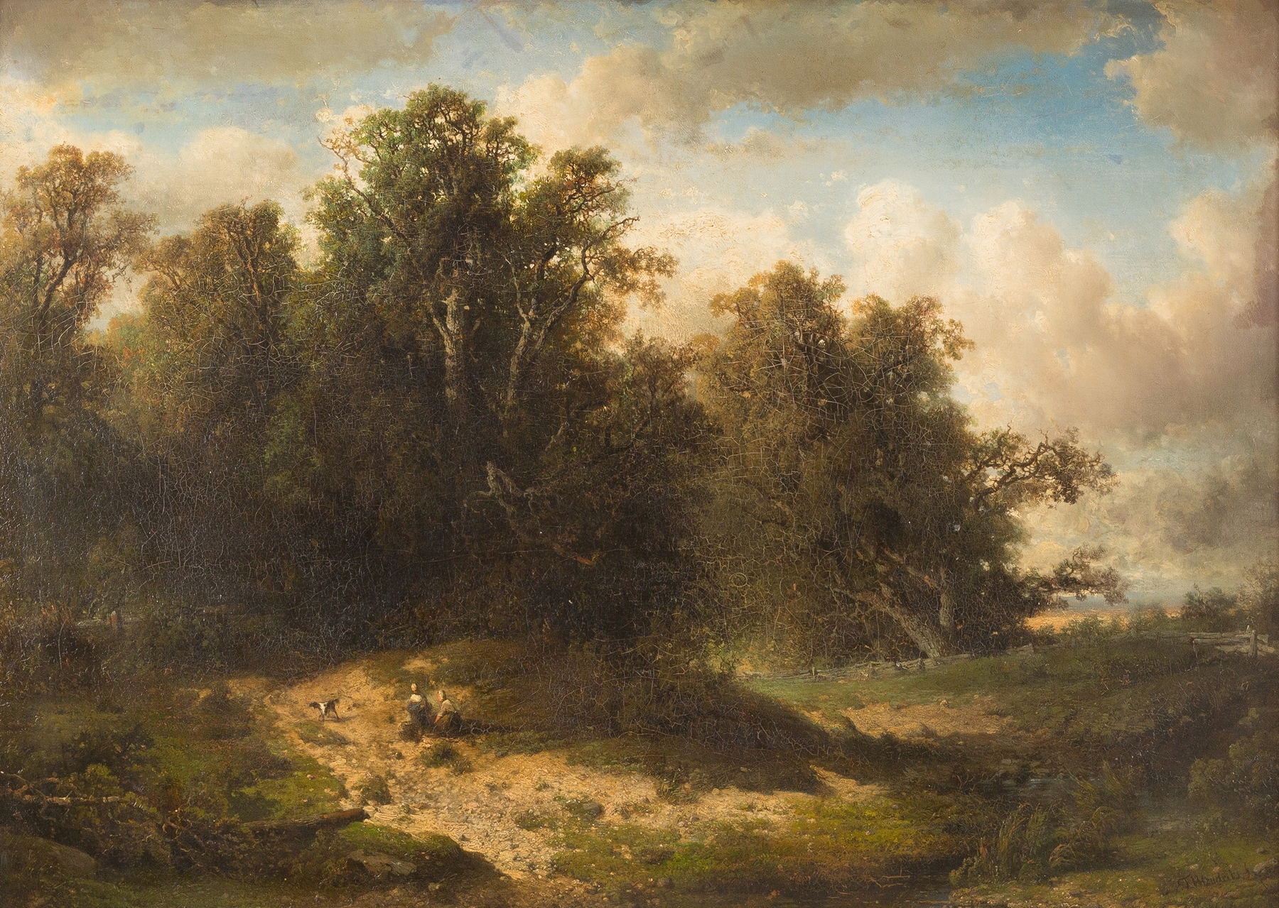 Two peasants resting in a vast landscape, oil on canvas by Frederik Hendrik Hendriks