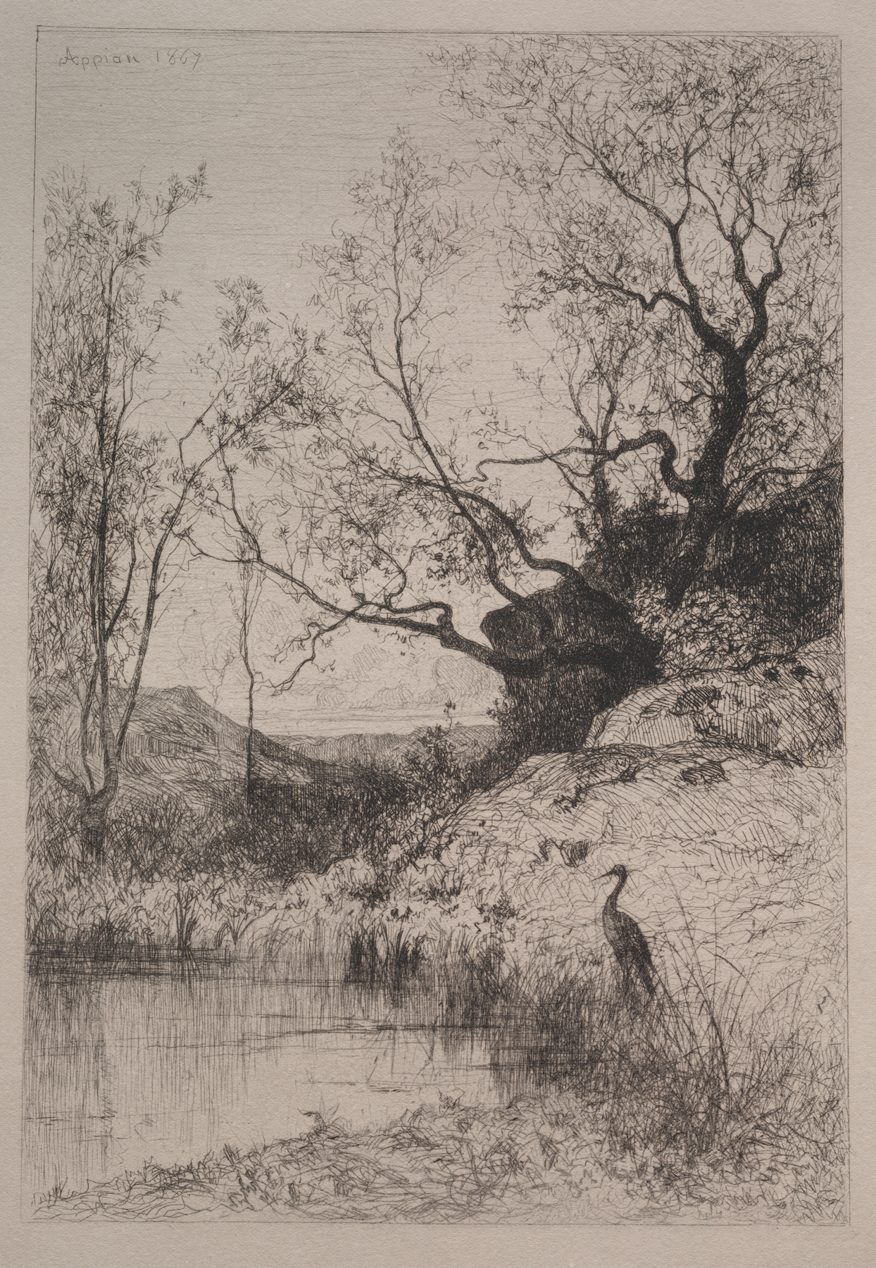 A Pond by Adolphe Appian, oil painting depicting a serene landscape with grass and a pond.