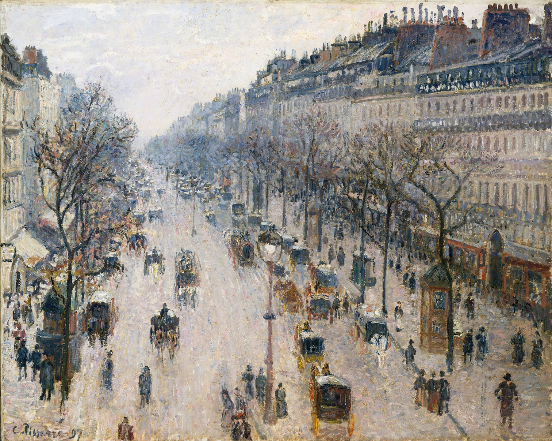 The Boulevard Montmartre on a Winter Morning, by Camille Pissarro, public domain