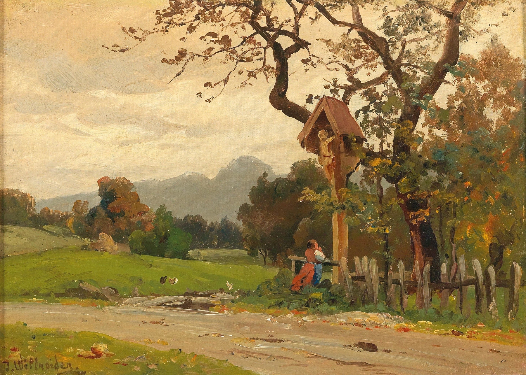 Oil on canvas by Josef Willroider depicting a rugged cross surrounded by wildflowers