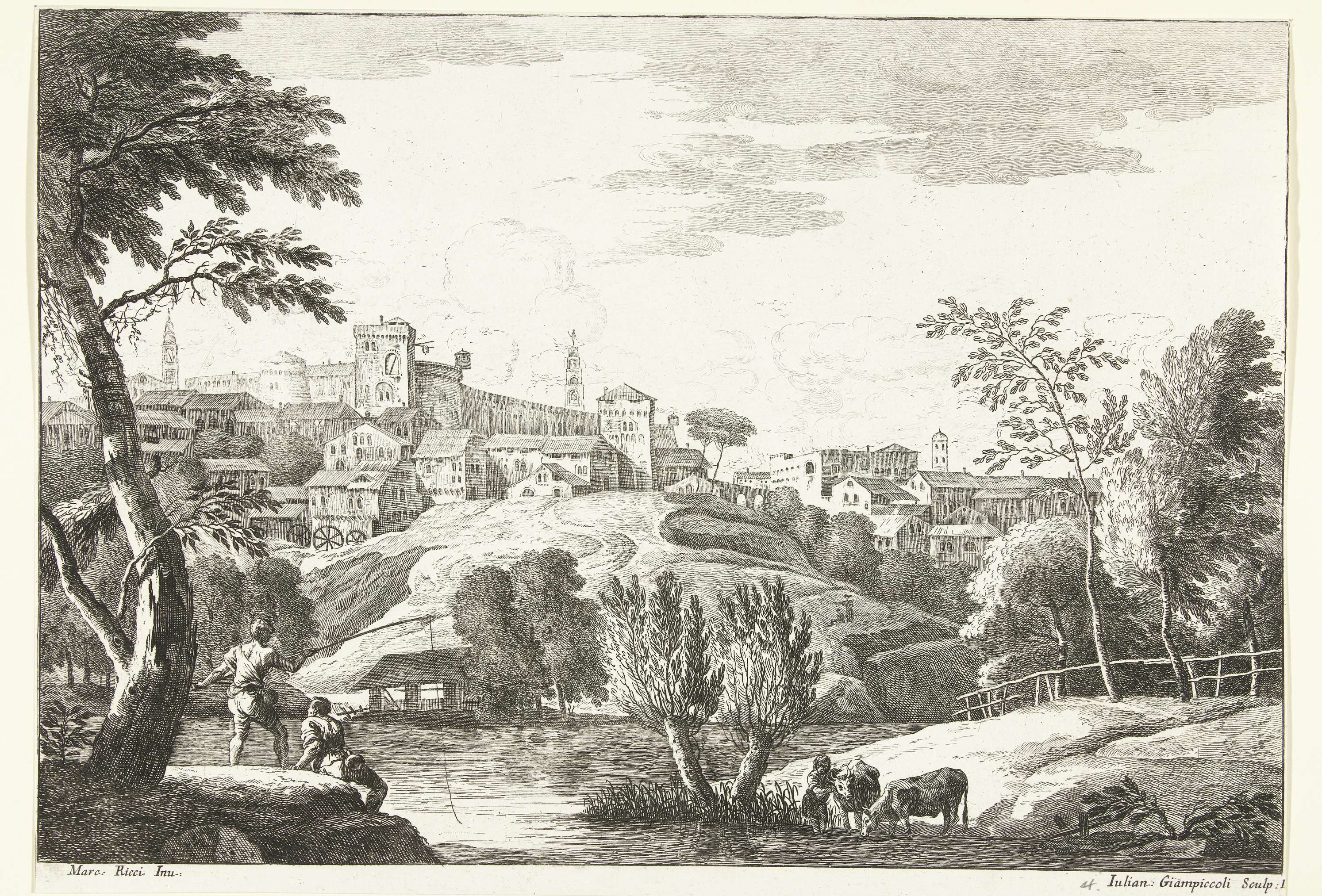 Heuvellandschap met stad en hengelaar etching by Giuliano Giampiccoli depicting a river and valley