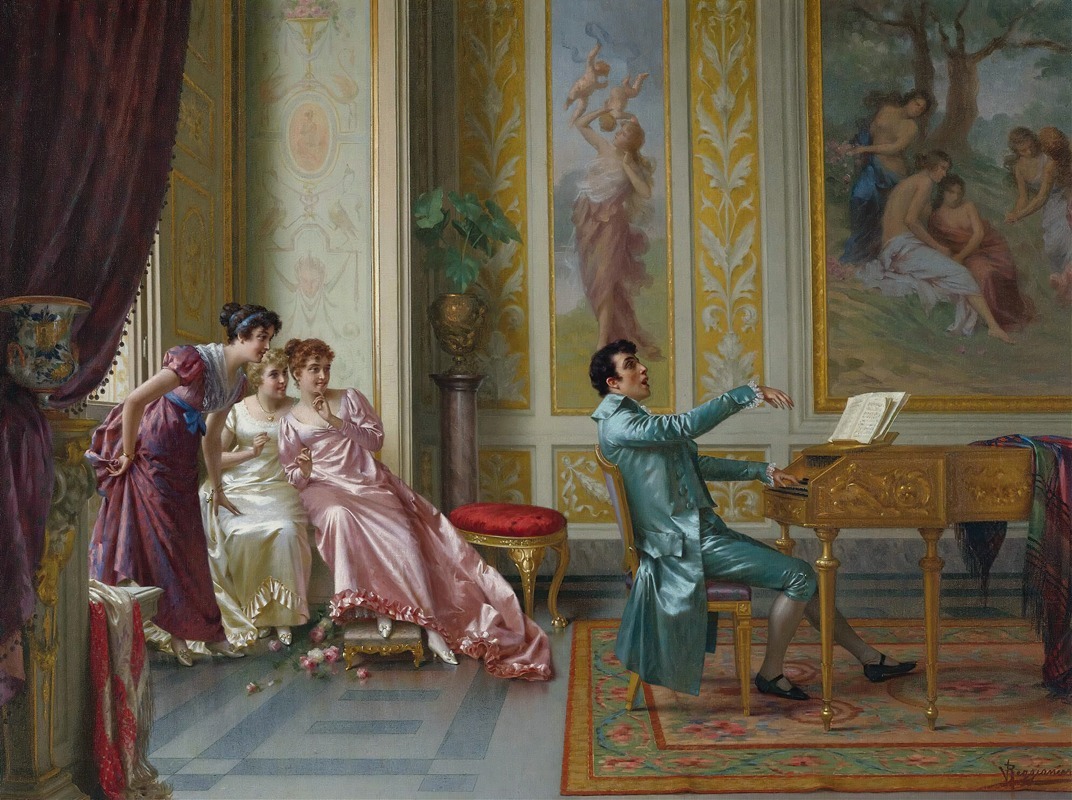 A captivating genre scene by Vittorio Reggianini showcasing elegant figures in a lush setting.