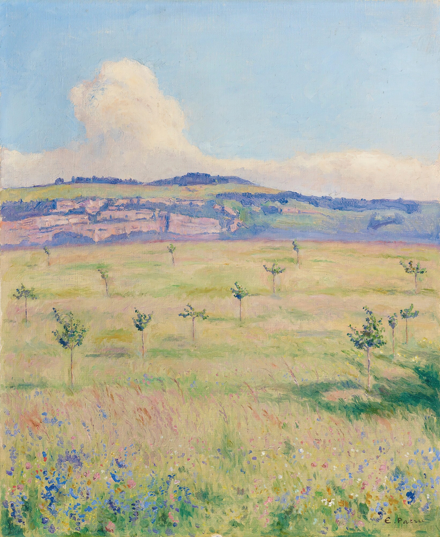 Salève, oil on canvas by Emile Patru, depicting a tranquil landscape.