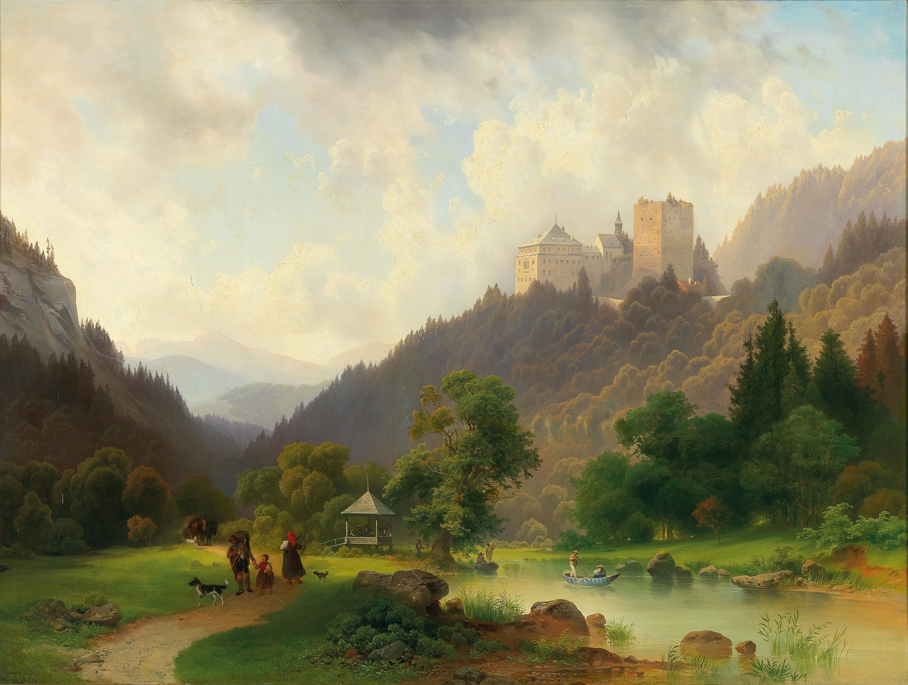 Landscape oil painting by Joseph Holzer depicting summer at a castle
