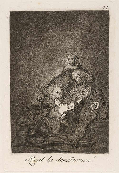 Goya's 'Qual la descañonan!' depicts a dramatic scene of violence and emotion.