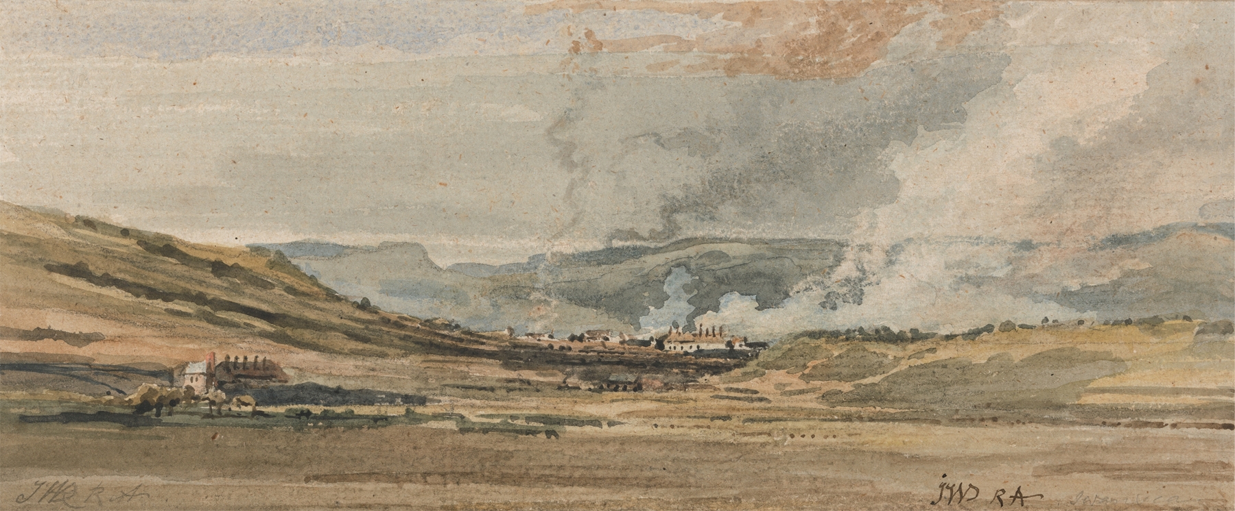 Landscape with a river winding through hills, oil painting by James Ward