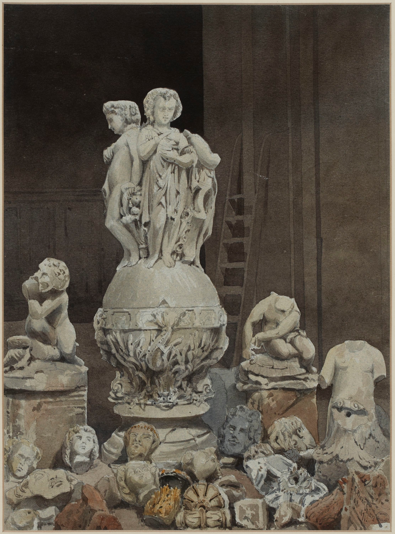 Vestiges d’éléments sculptés décorant l’Hôtel de Ville en 1871, by Richard Phené Spiers, public domain