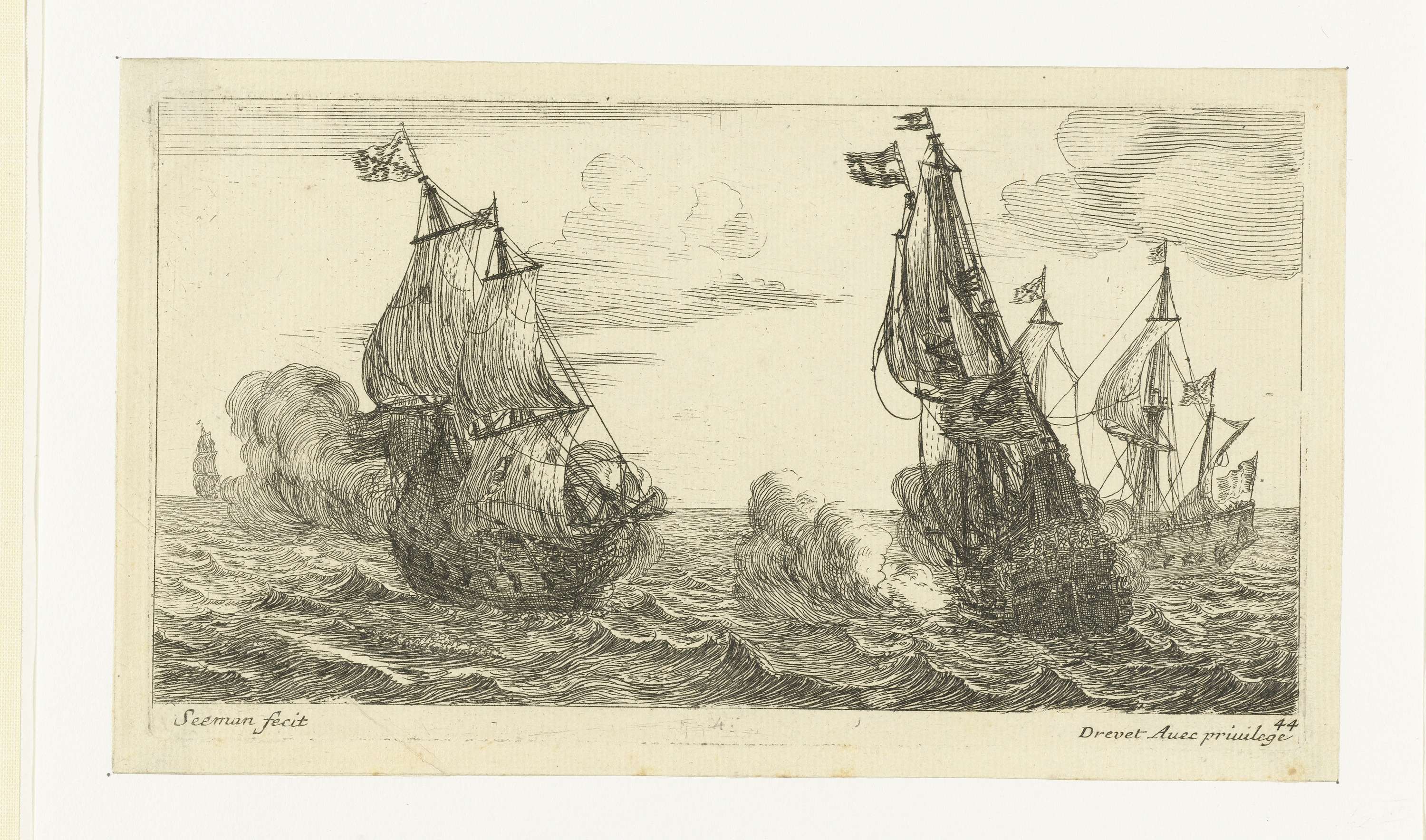 Marine etching by Unknown Artist depicting a ship in a stormy sea