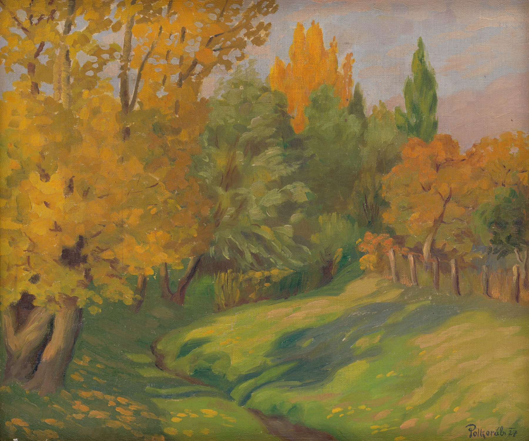 Autumn Landscape by Štefan Polkoráb, oil on canvas depicting tall trees with autumn leaves.