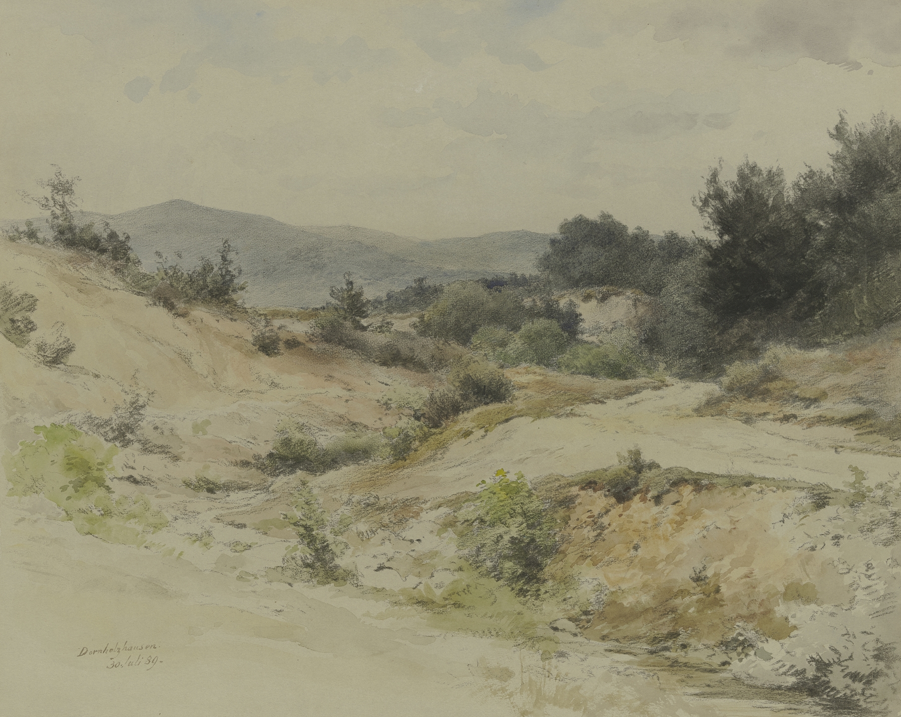 Landscape oil painting by Adolf Hoeffler featuring fields and hills under an azure sky
