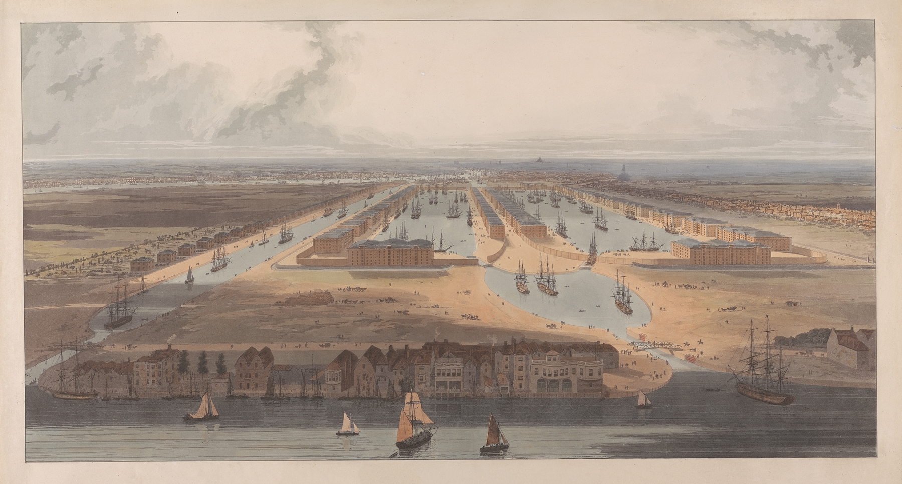 Engraving by William Daniell depicting docks and ships on the Isle of Dogs