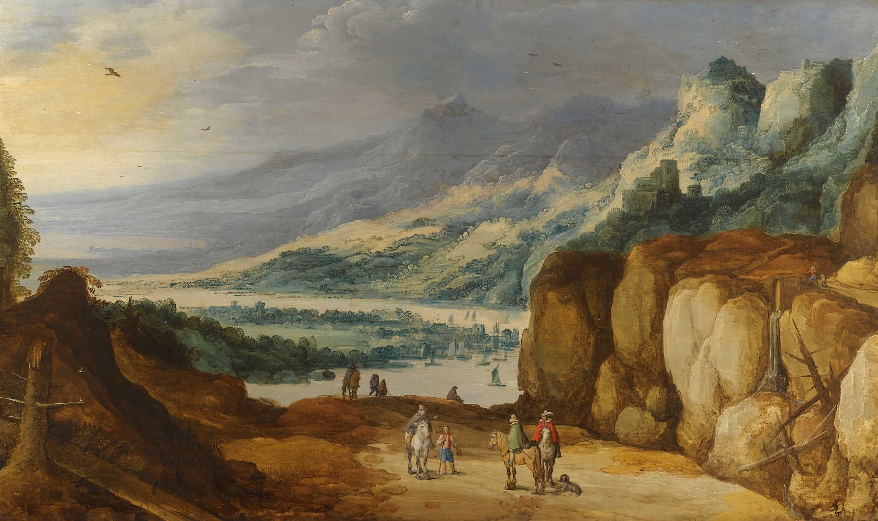 An Extensive Mountainous River Landscape With Horsemen Conversing On A Raised Plateau, by Joos de Momper, public domain