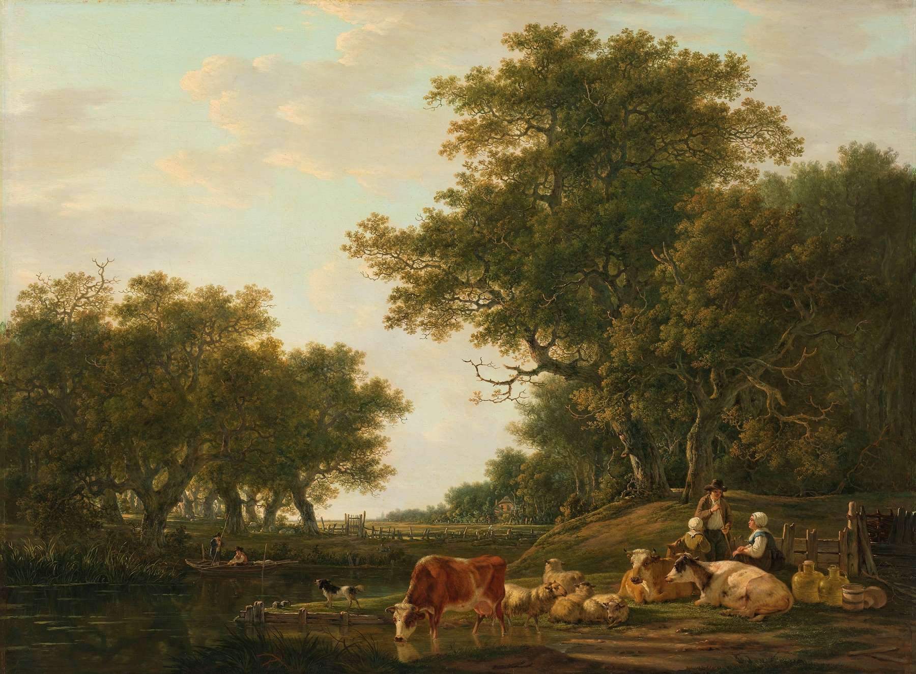 Landscape with Peasants with their Cattle and Anglers on the Water, oil painting by Jacob van Strij