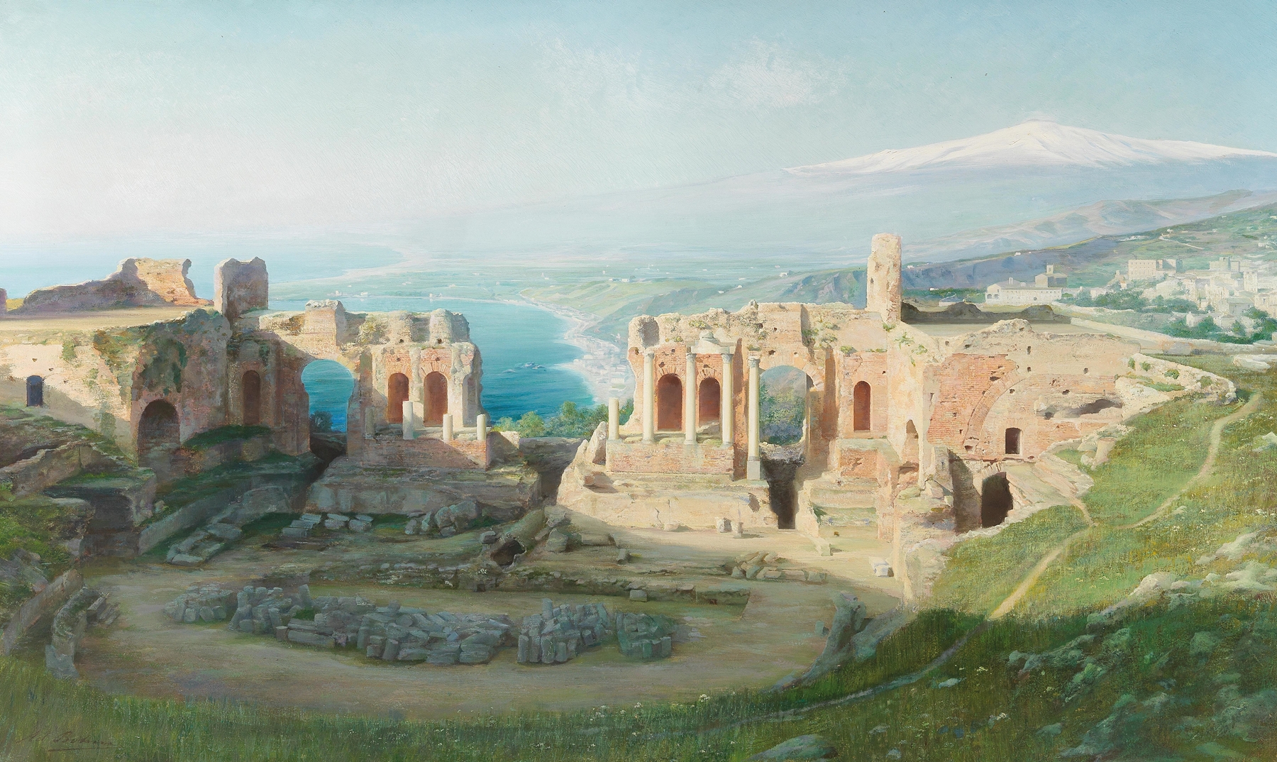 Landscape depicting the amphitheatre at Taormina and Mount Etna, oil painting by Adolf Boehm