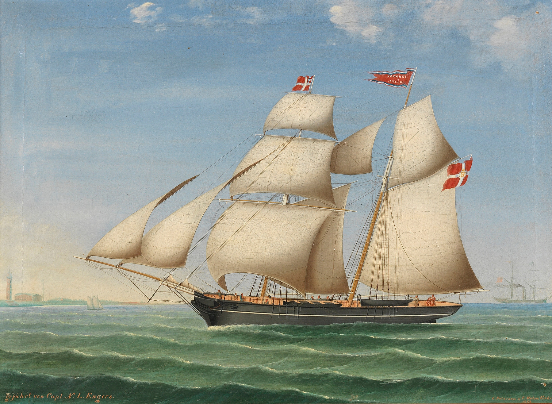 Marine oil painting by Lorenz Petersen featuring figures on a ship