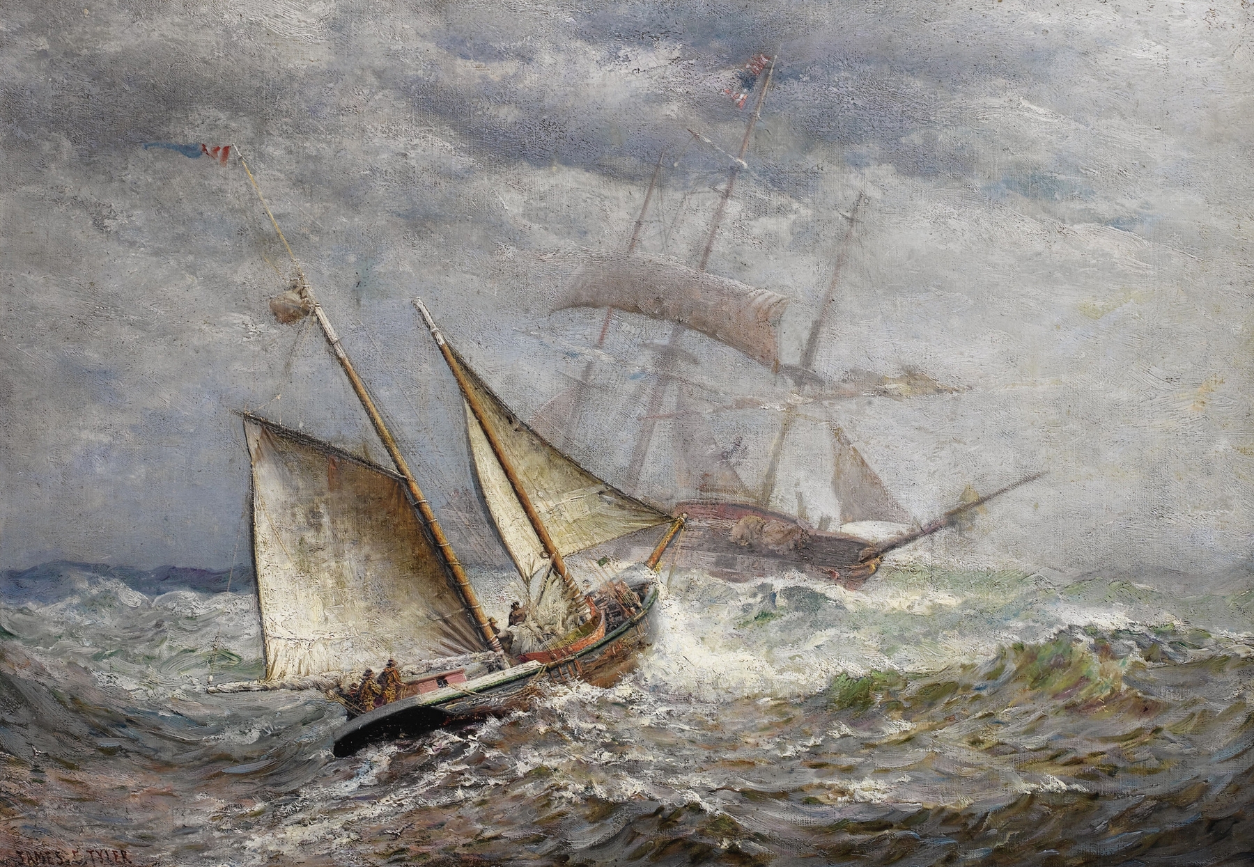 Oil painting by James Gale Tyler depicting ships at sea during sunset