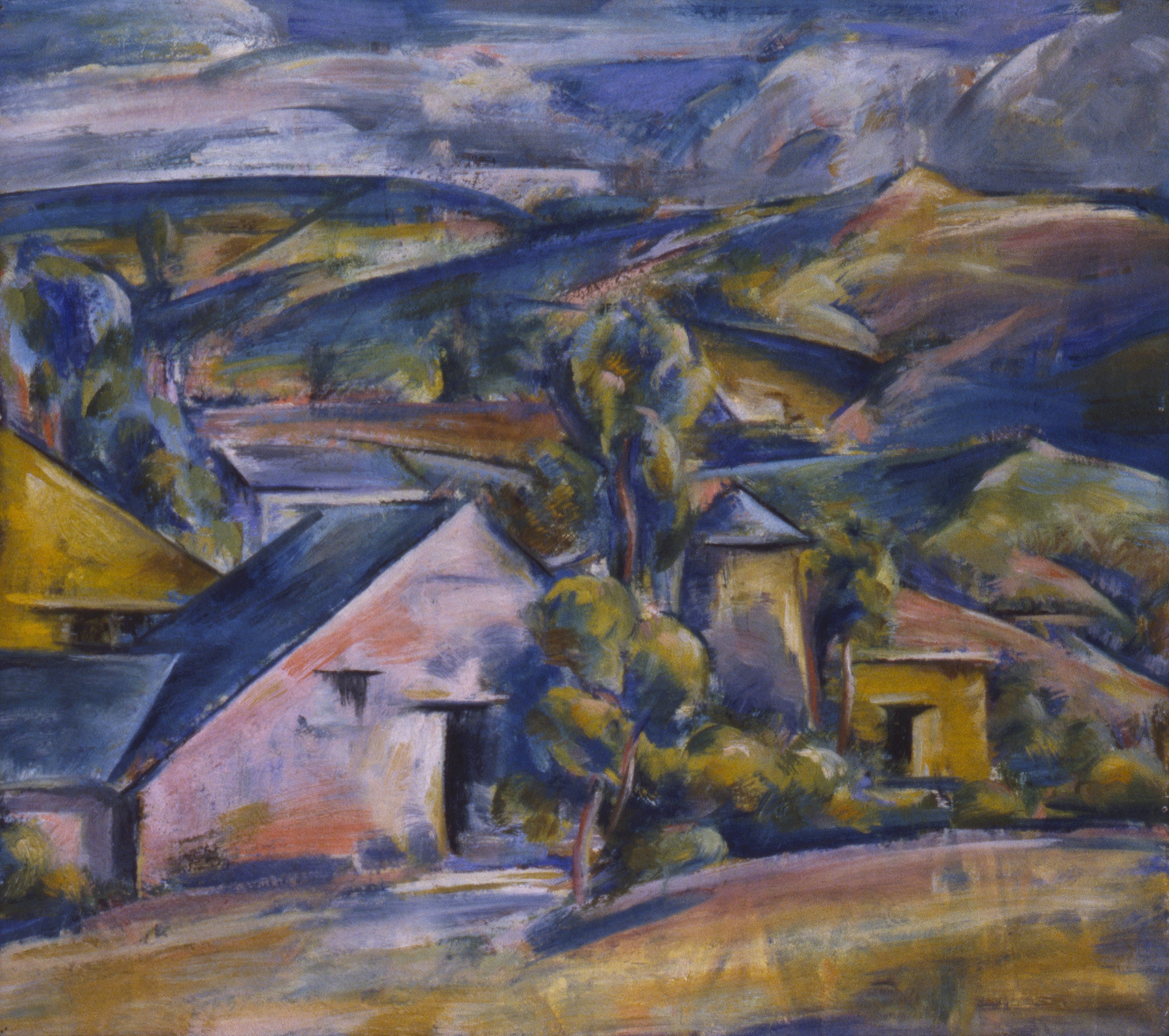 Landscape of hills under a gray sky, oil on canvas by Preston Dickinson