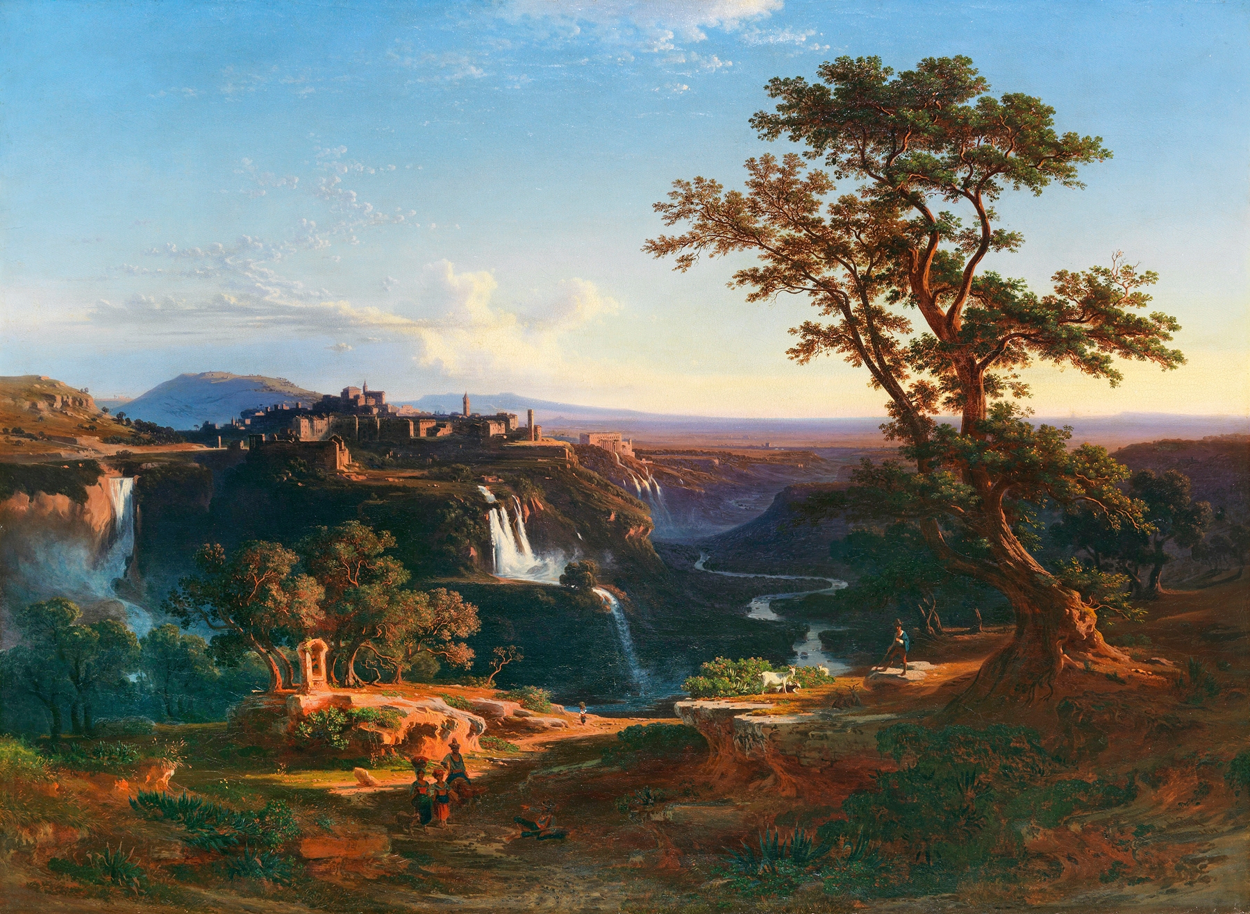 Cascading waterfall at sunset, oil on canvas by Johann Jakob Frey