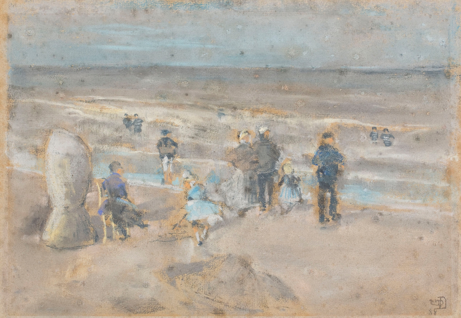 Figures on the Beach by Gustave Den Duyts, oil on canvas, depicting figures interacting by the waves