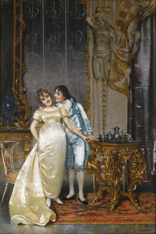 A charming scene of flirtation between a couple in a lush garden.