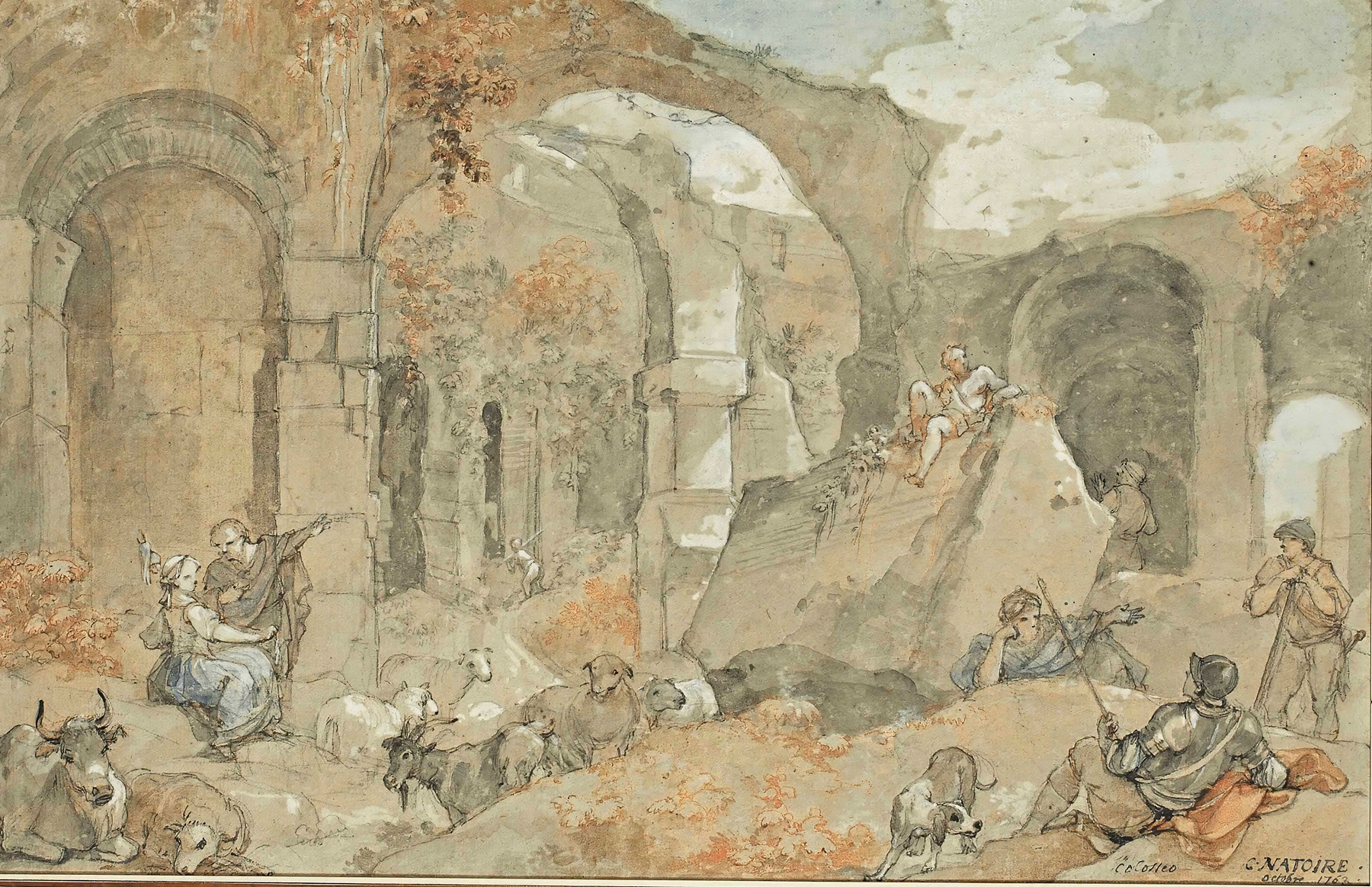 Interior scene of the Colosseum with shepherds and animals, oil on canvas by Charles-Joseph Natoire