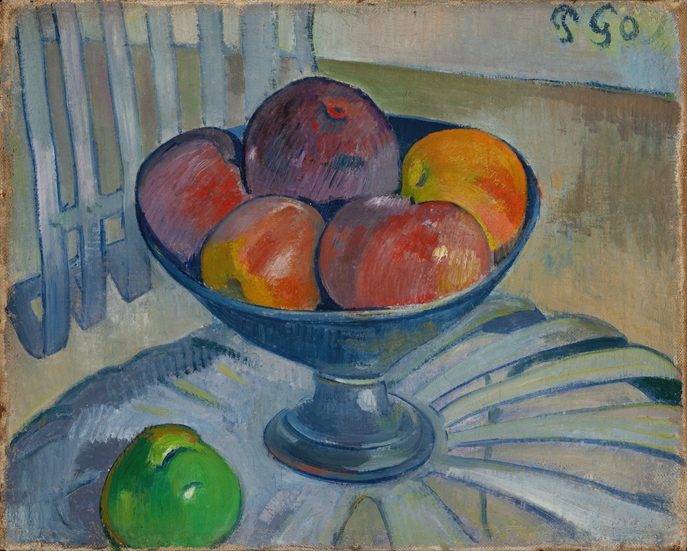 A still life painting by Paul Gauguin featuring a fruit dish on a garden chair.