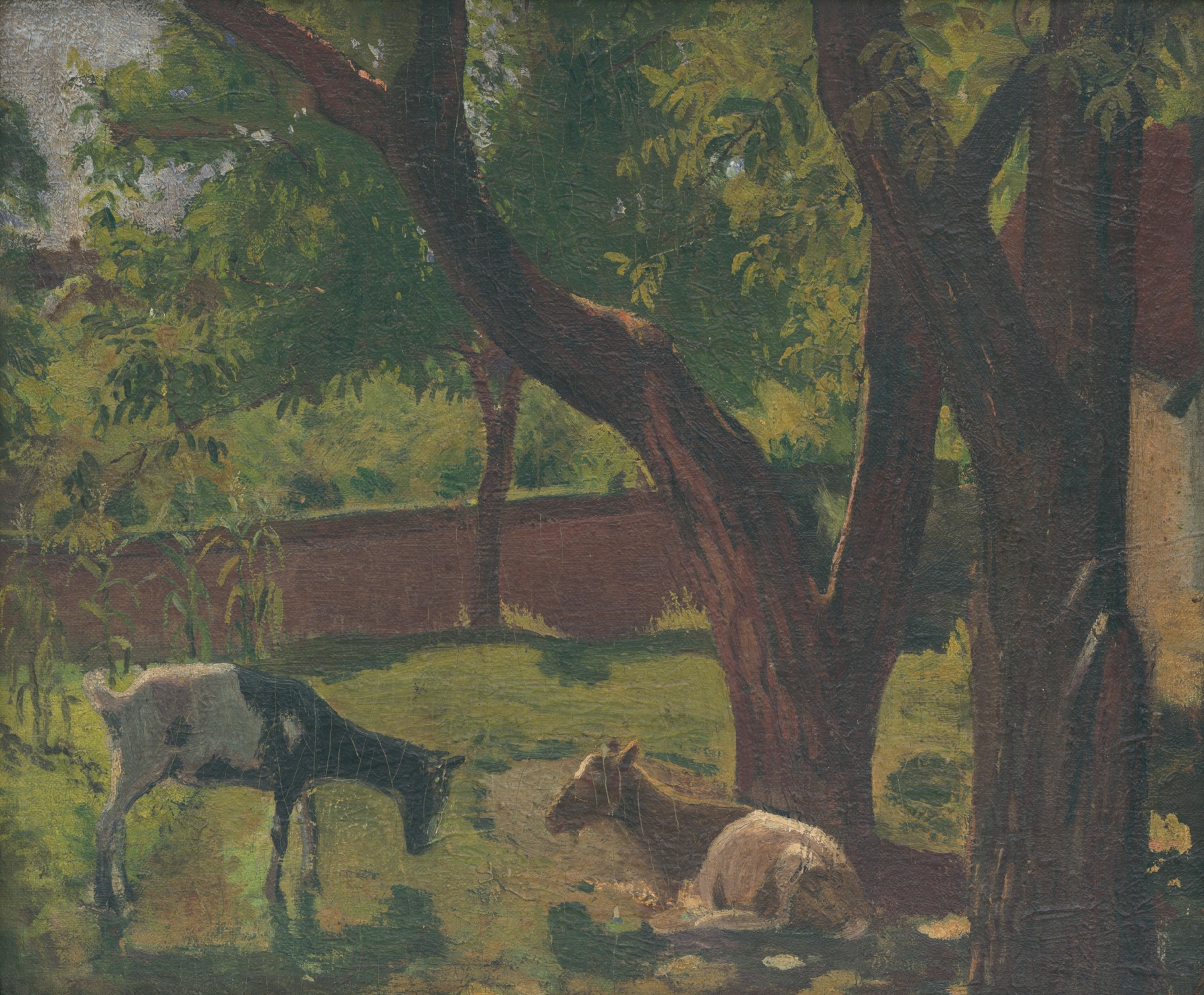 Záhrada s kozami Ján, oil on canvas by Ján Thain depicting a serene garden with goats.