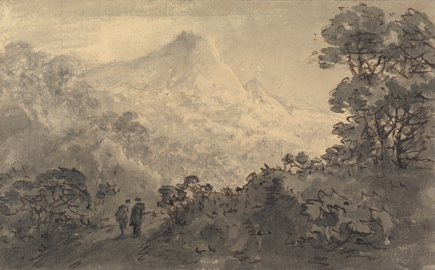Snowdon by William Gilpin, a landscape in oil depicting a mountain surrounded by greenery.