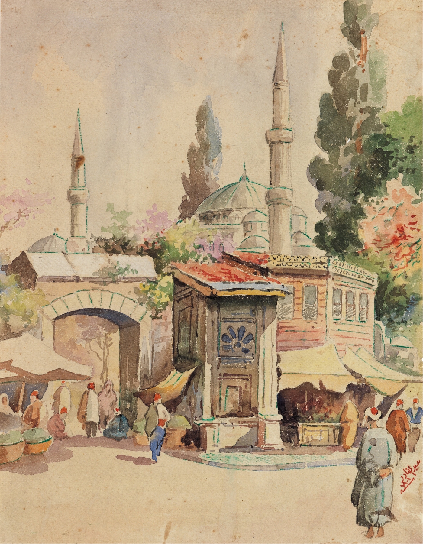 Figurative artwork by Abdul Qadir Al-Rassam, 1901, featuring vibrant colors and dynamic figures.