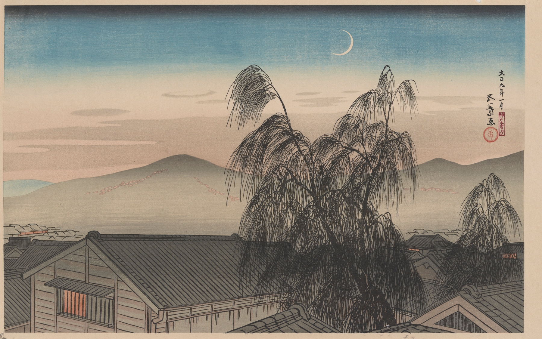 Evening moon at Kobe by Hashiguchi Goyō, Ukiyo-e, depicting rooftops under moonlight.