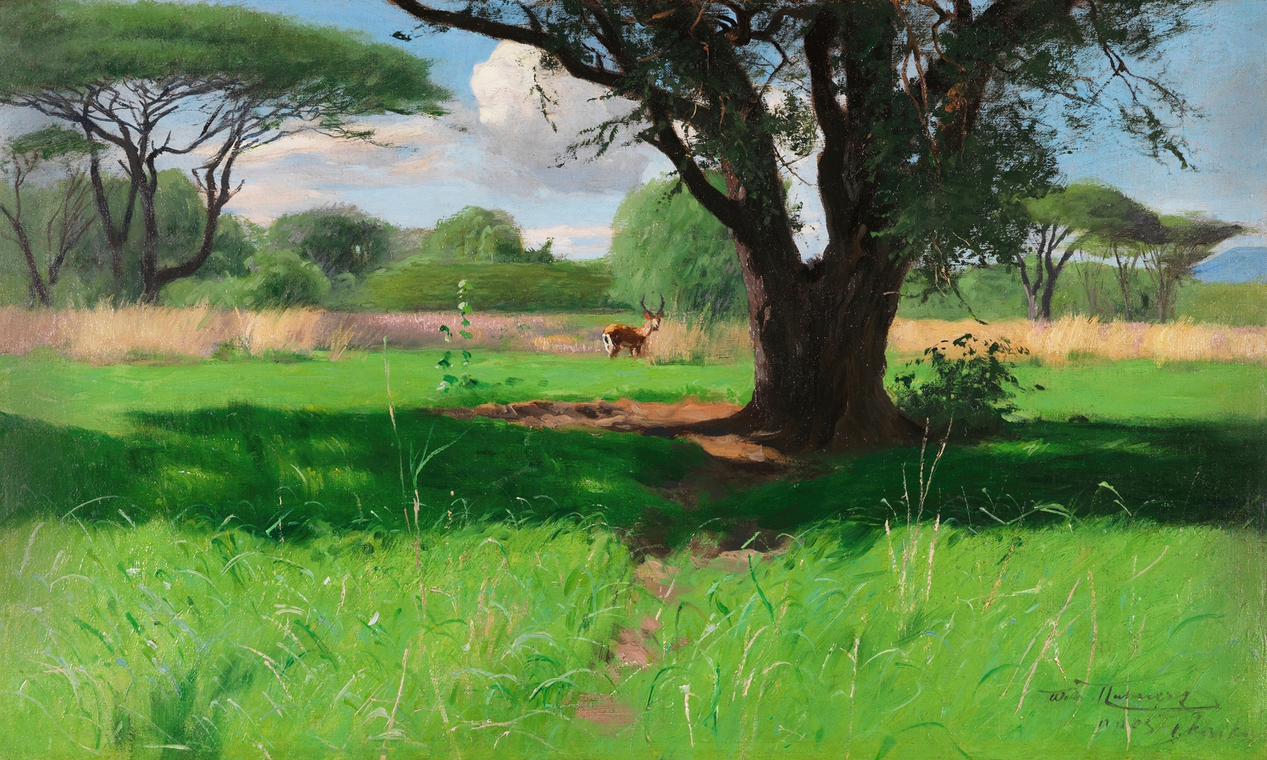 Realism painting of a lioness in the savanna by Wilhelm Kuhnert