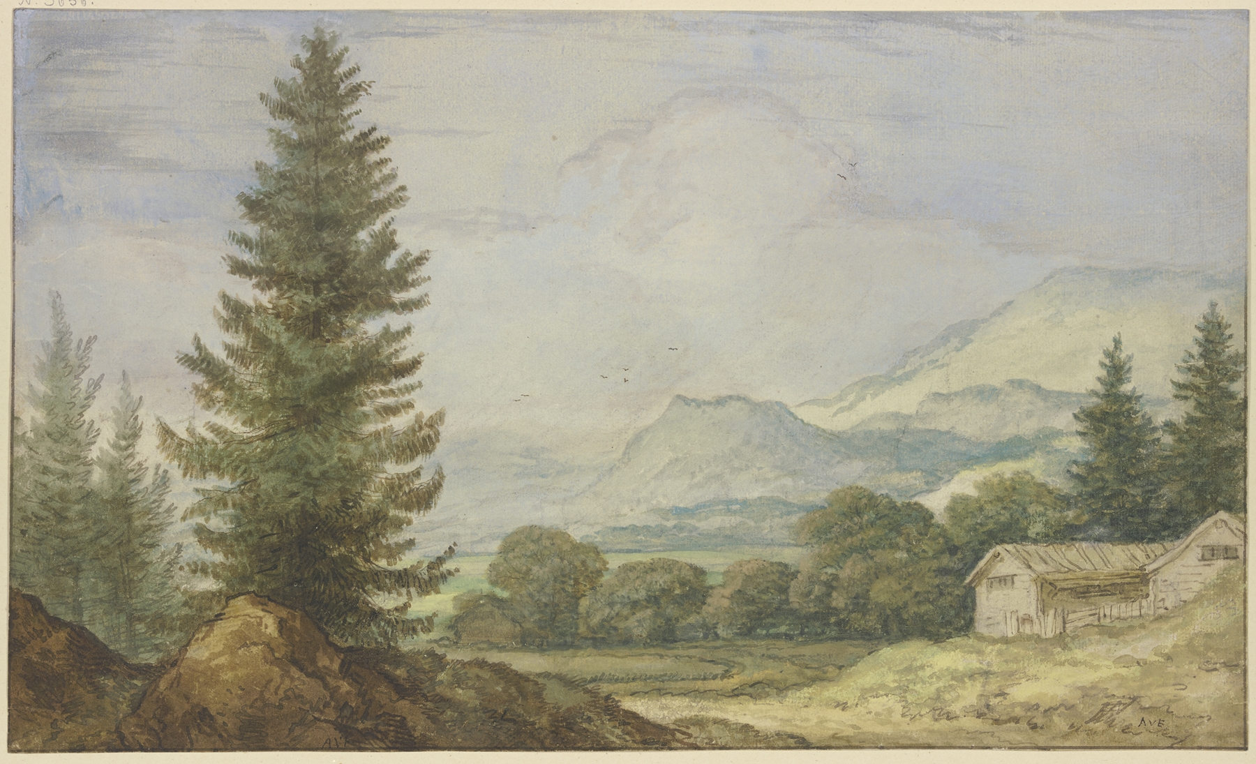 Gebirgslandschaft, links hohe Tannen, rechts zwei Hütten, by Allaert van Everdingen, public domain