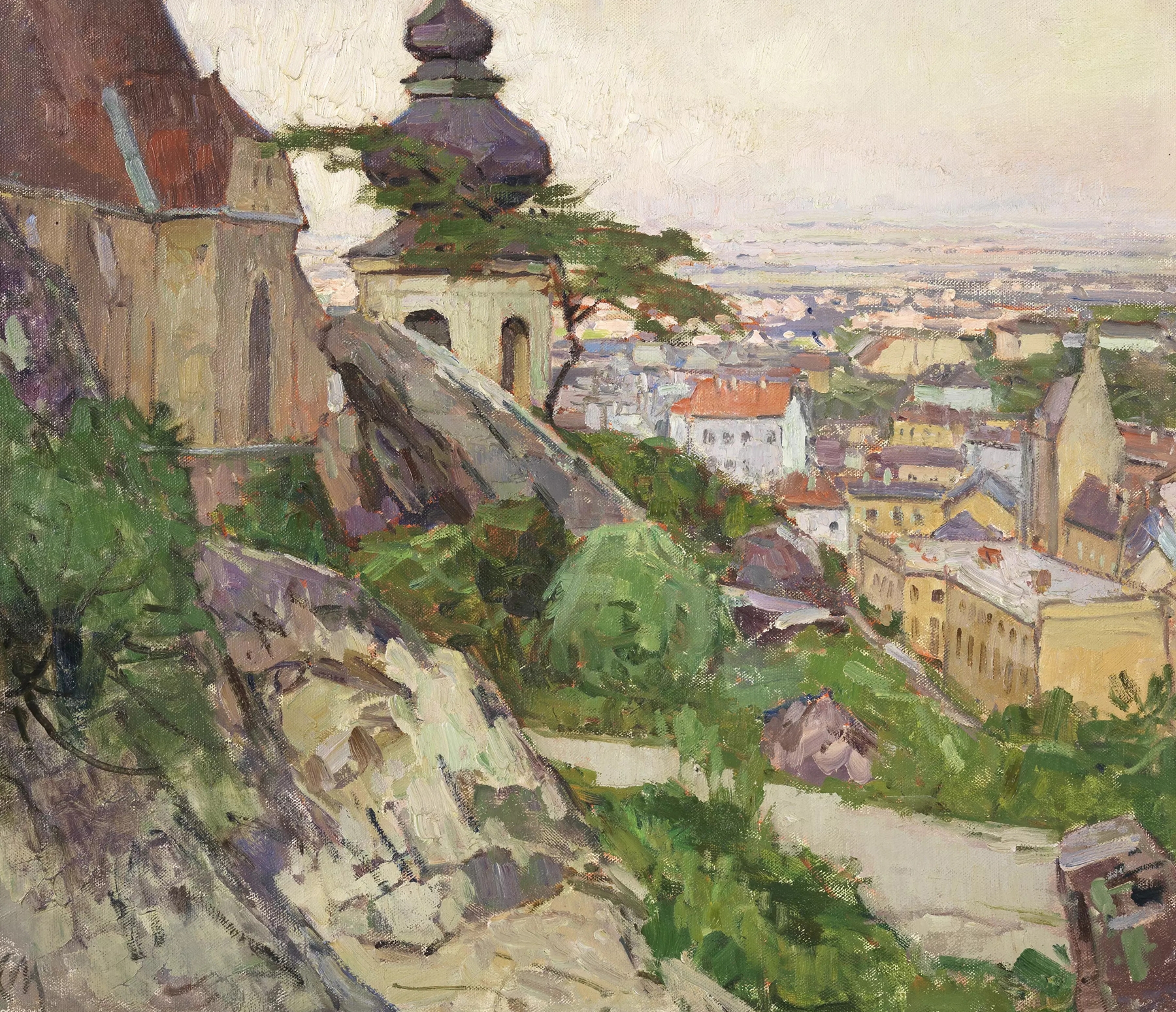 Landscape of Mödling with hills and sky, oil on canvas by Carl Moll